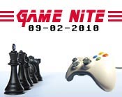 Photo of a video game controller facing chess pieces with Game Nite 09-02-2010 above them.