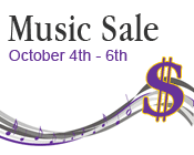 Illustration of sheet music where the last note is a dollar sign and the text Music Sale October 4th – 6th.