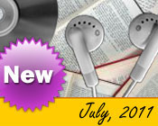 Photo collage of books, CDs, and earphones with the text New July, 2011.