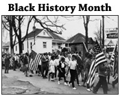 Black and white photo of participants in the Selma to Montgomery marches with the text Black History Month