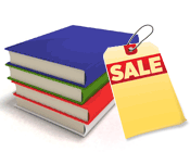 An Illustration of a stack of books with a sale tag leaning up against them.