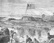 Generic Civil War image – battlefield scene with an early American flag waving in the background.