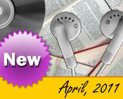 Photo collage of books, CDs, and earphones with the text New April, 2011.
