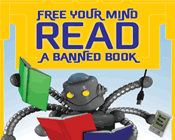 Illustration of a robot reading a bunch of books and the text free your mind read a banned book