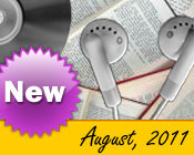 Photo collage of books, CDs, and earphones with the text New August, 2011.