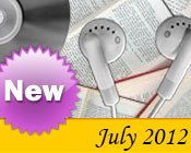 Photo collage of books, CDs, and earphones with the text New July, 2012.