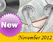 Photo collage of books, CDs, and earphones with the text New November, 2012.
