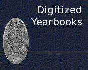 Closeup of a yearbook cover with the text Digitized yearbooks