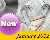 Photo collage of books, CDs, and earphones with the text New January, 2012.