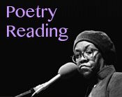 A photo of Gwendolyn Brooks in front of a microphone with the text Poetry Reading.