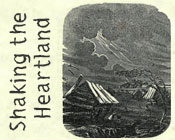 Illustration of an earthquake on a small old farm with the text Shaking the Heartland