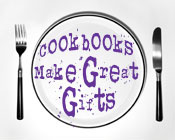 Photo of a plate, fork and knife with the text Cookbooks Make Great Gifts