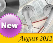 Photo collage of books, CDs, and earphones with the text New August, 2012.