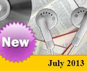 Photo collage of books, CDs, and earphones with the text New July, 2013.