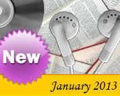 Photo collage of books, CDs, and earphones with the text New January, 2013.