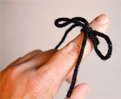 A photo of a hand with a string tied around the pointer finger in a bow.