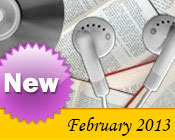 Photo collage of books, CDs, and earphones with the text New February, 2013.