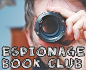 Photo of a guy looking through a tube with the text Espionage Book Club