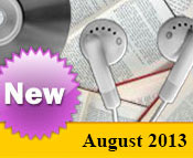 Photo collage of books, CDs, and earphones with the text New August, 2013.