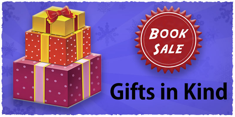Image with graphic of presents and text Book Sale - Gifts in Kind.