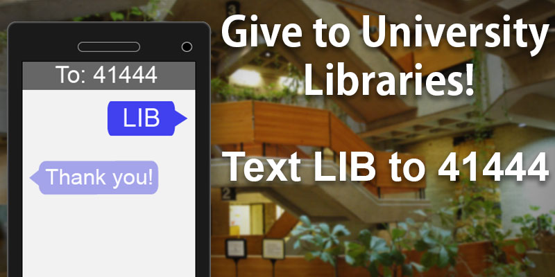 Picture of      library atrium with phone graphic and text about how to send an SMS text message to donate to the library.