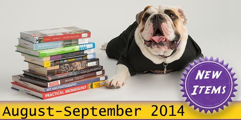 Photo of Col. Rock mascot with books with the text New April - May, 2014.