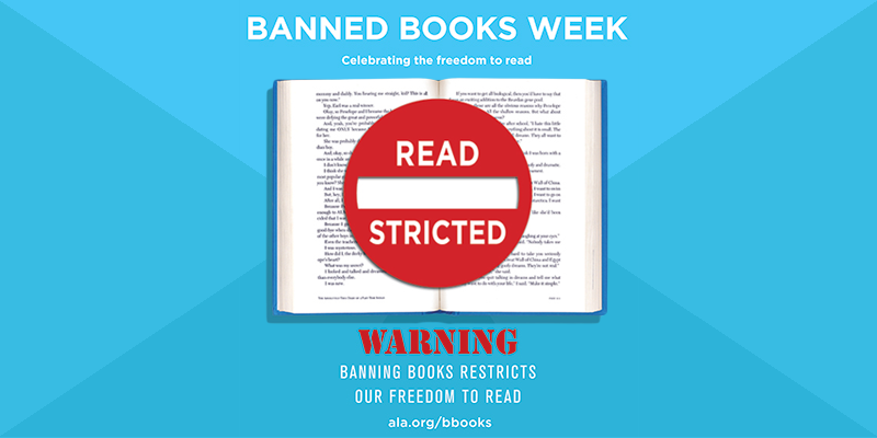Book on blue background with restricted symbol on top warning about banned books