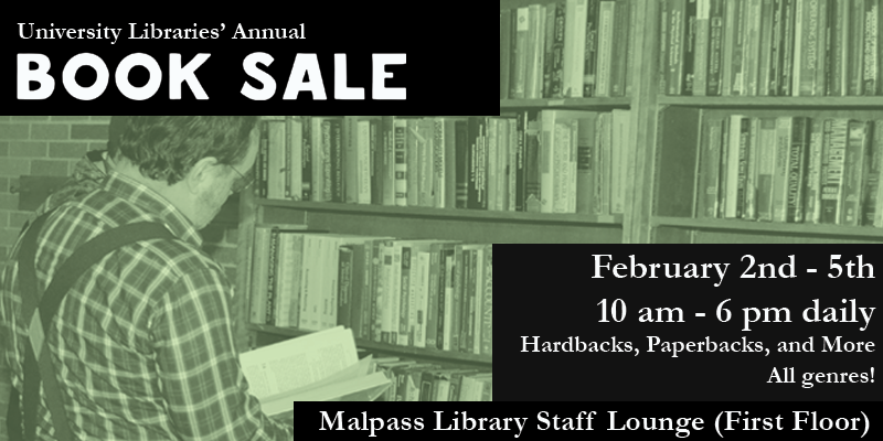 Picture of man in reading a book in front of bookshelf full of books. Text on picture with Book Sale details