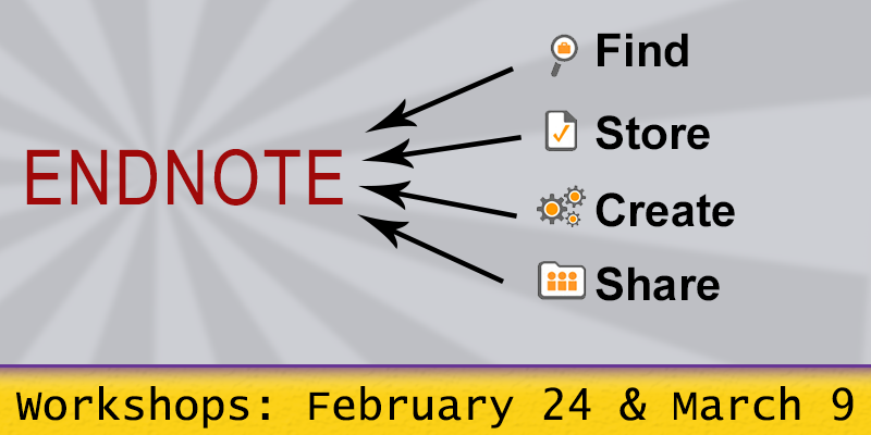 Image with Endnote text on left and Find, Store, Create, Share text with arrows pointing toward Endnote. The date of event is listed below.