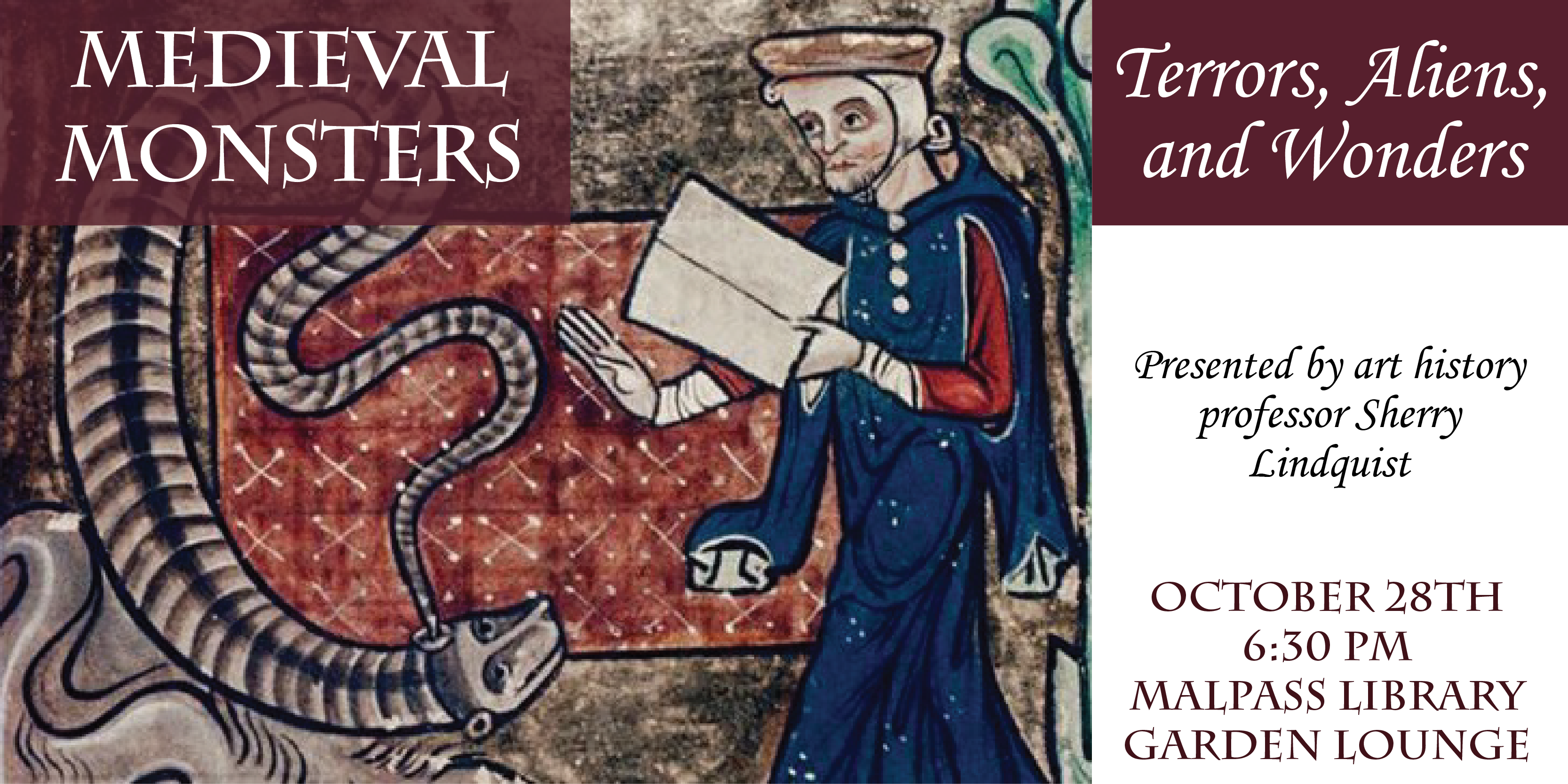 Artwork from medieval time period. Man holding a book with creature in foreground. Text about the event.