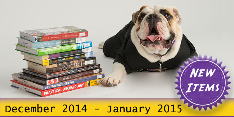 Photo of Col. Rock mascot with books with the text New December 2014 - January 2015.