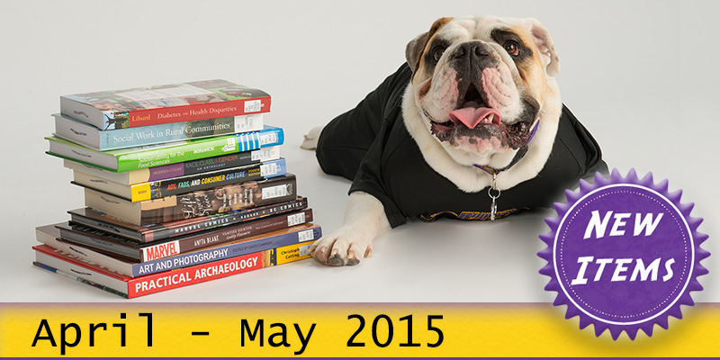 Photo of Col. Rock mascot with books with the text New April - May 2015.