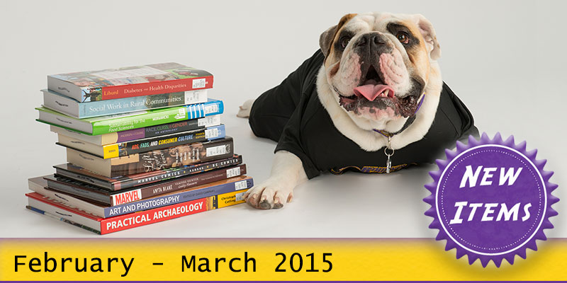 Photo of Col. Rock mascot with books with the text New February - March 2015.