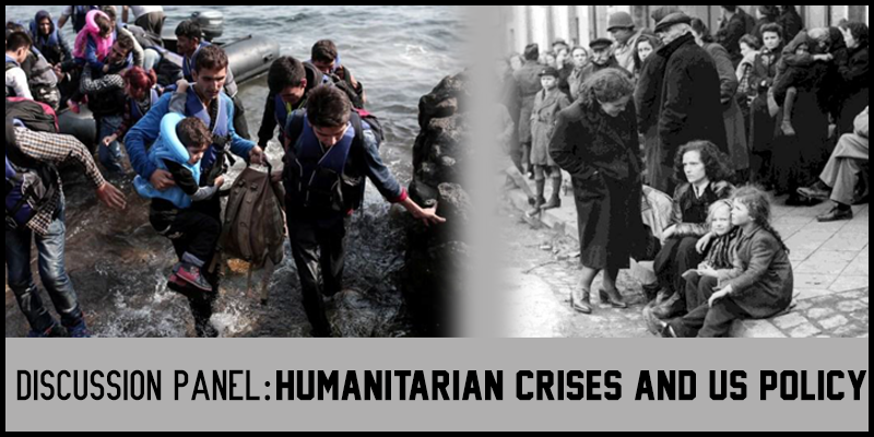 Two pictures side-by-side. The left is a picture of current refugees. The right is a black and white of previous refugees.