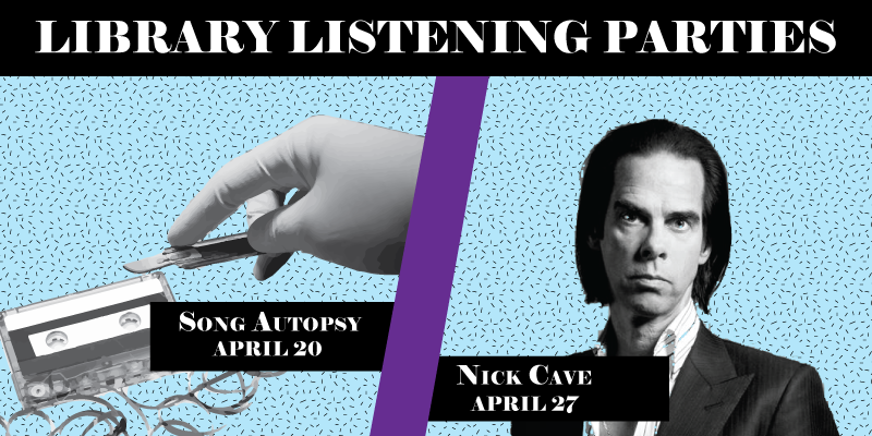 Split image with picture of hand and scalpel over a cassette tape for Song Autosy event. The right side has a photo of Nick Cave for that event.