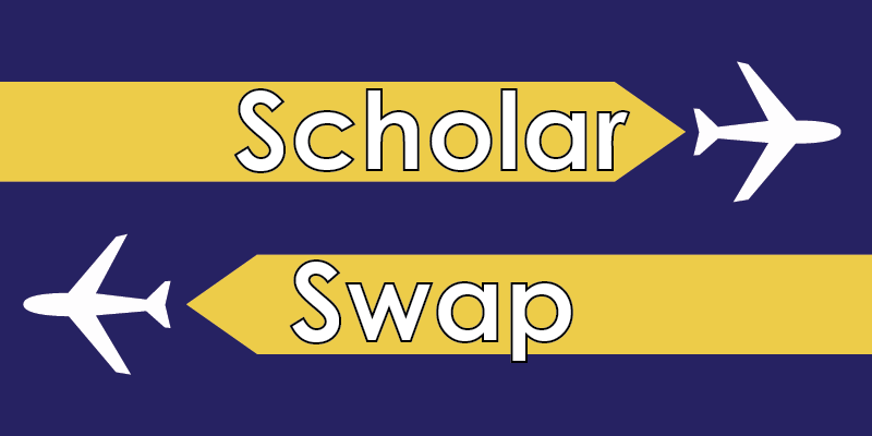 Graphic with two planes and the text: Scholar Swap