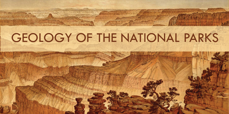 Sepia colored illustration of the grand canyon national park with text overlay.