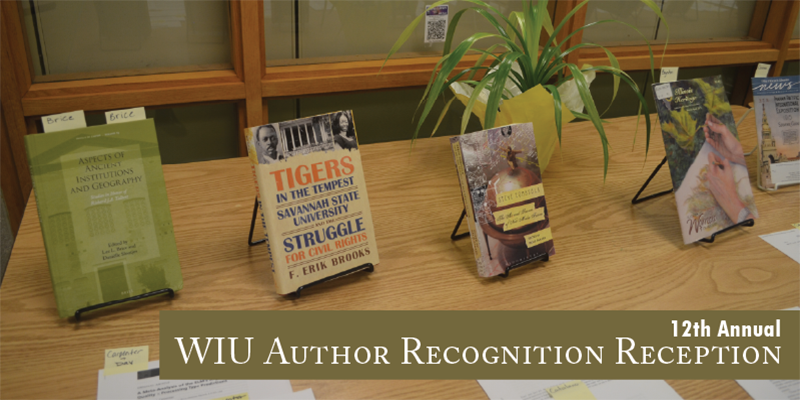Picture of table with books and text overlay 12th Annual Authors Recognition Reception