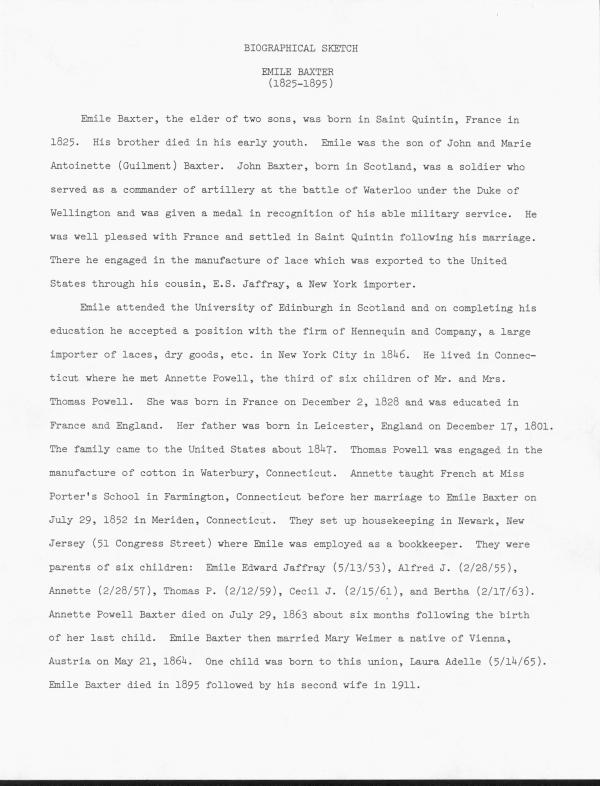 Photocopy of a biographical sketch of Emile Baxter