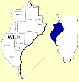 Illustration of the 16 counties served by the WIU-IRAD which include: Adams, Brown, Calhoun, Fulton, Hancock, Henderson, Henry, Knox, McDonough, Mercer, Peoria, Pike, Rock Island, Schuyler, Stark, and Warren.