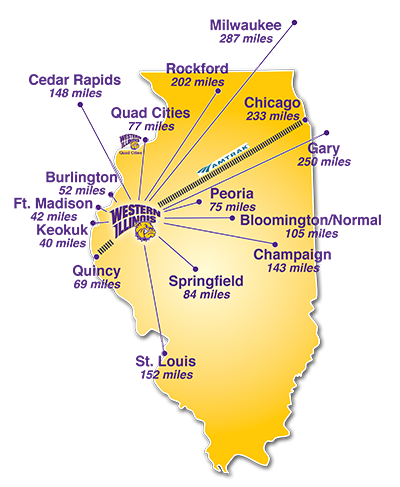map of distances from Macomb to regional metro areas