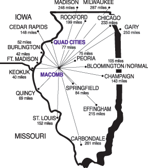 Map of IL with lines from Macomb to major Cities