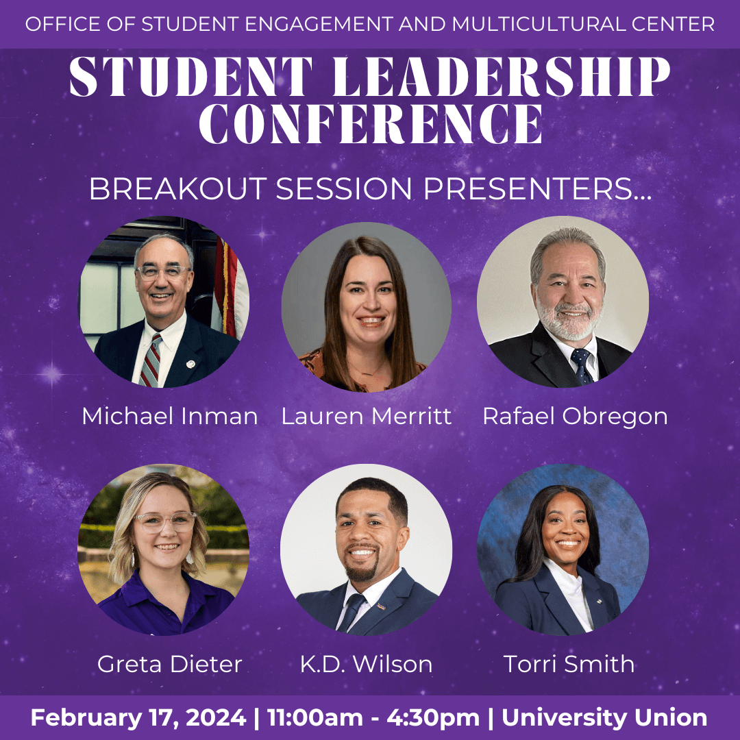 Student Leadership Conference Breakout Session Presenters: Julia Albarracin, Carl ervin, and Jennifer Ofoe. February 17, 2024 from 11:00 am to 4:30 pm in the University Union.
