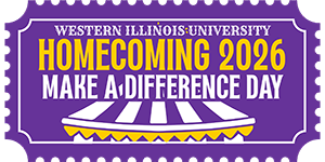 Purple Western Illinois University Homecoming 2026 graphic announcing Make a Difference Day, with a stylized stadium canopy.