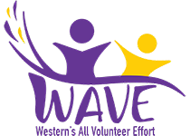 Logo reading WAVE: Western’s All Volunteer Effort, with purple and yellow abstract figures and sweeping curved shapes.