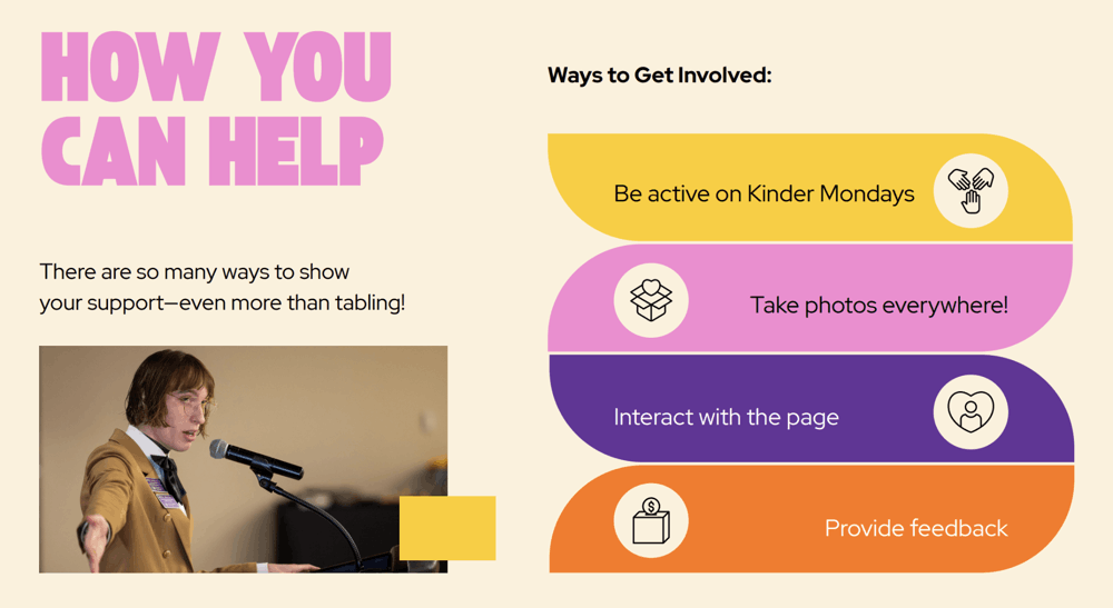 A promotional graphic listing ways to get involved, with a photograph of a person speaking into a microphone. Transcribed Text: HOW YOU CAN HELP - There are so many ways to show your support—even more than tabling! Ways to Get Involved: * Be active on Kinder Mondays * Take photos everywhere! * Interact with the page * Provide feedback