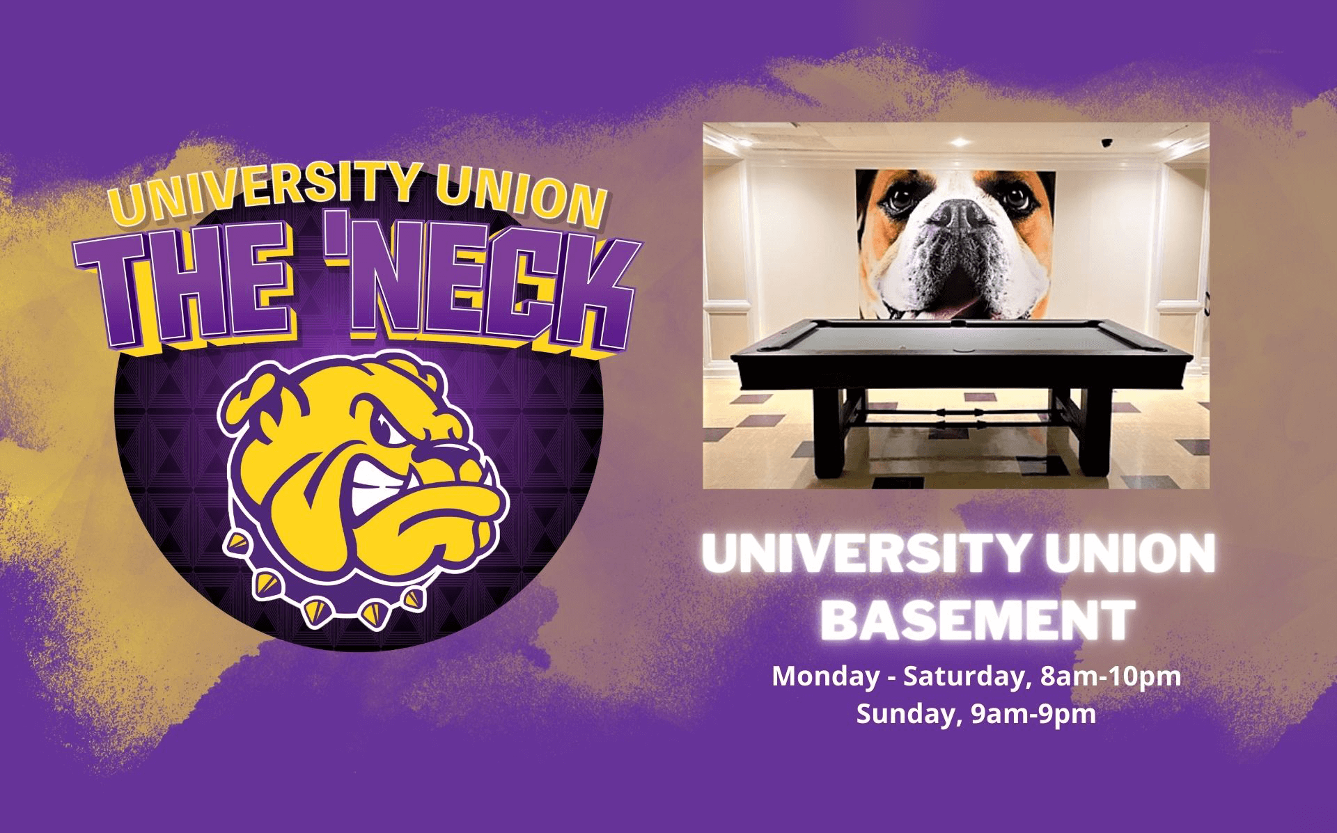 Rockyn Logo and the text University Union The 'Neck | University Union Basement | Monday - Saturday, 8am-10pm | Sunday, 9am-9pm