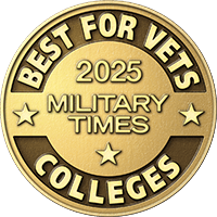 Gold medallion with Best for Vets, 2025, Military Times, and Colleges text.