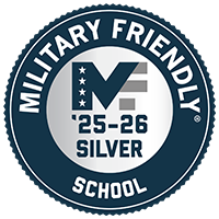 Circular emblem with the text Military Friendly School and '25-26 Silver text.