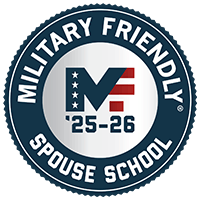 Circular badge with Military Friendly Spouse School text and an American flag-inspired M with'25-26 underneath.